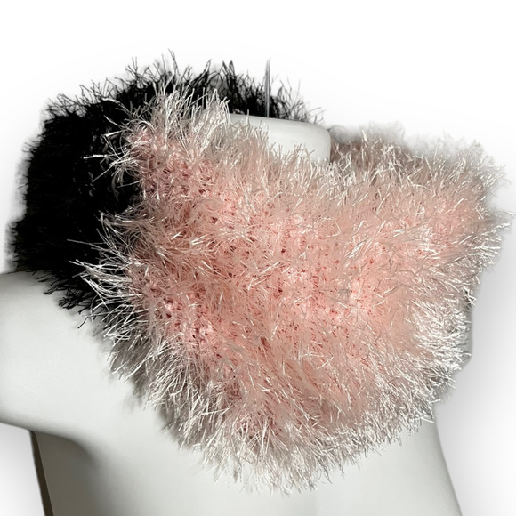 Handmade Women's Hand Knit Pink & Black Fuzzy Faux Fur Yarn Cowl, Neck Warmer - Picture 4 of 11